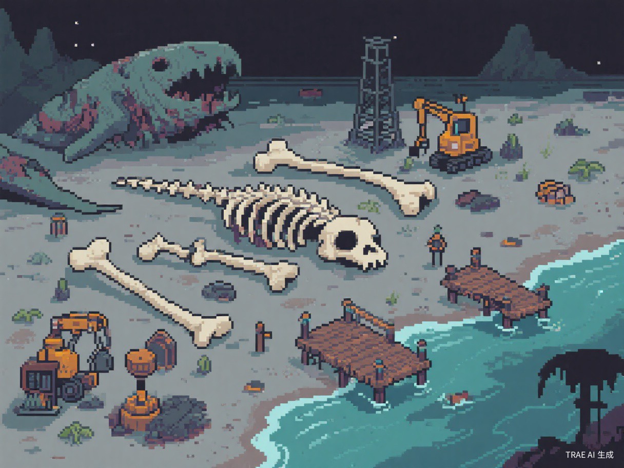 Bone Beach - Strange beach with massive creature skeletons, mining equipment, and wooden docks