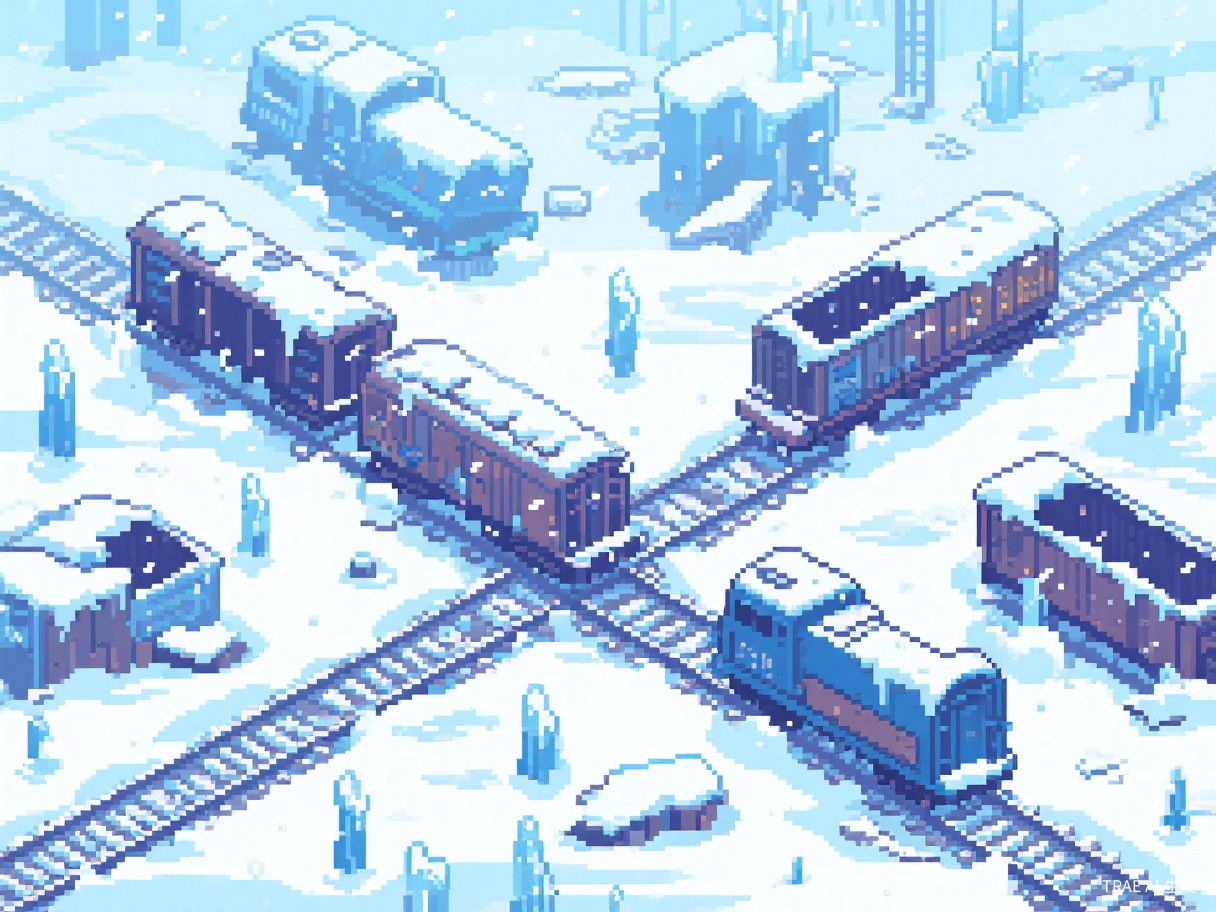 Frozen Trainyard - Frozen train graveyard with overturned railcars, ice-covered tracks, and falling snow