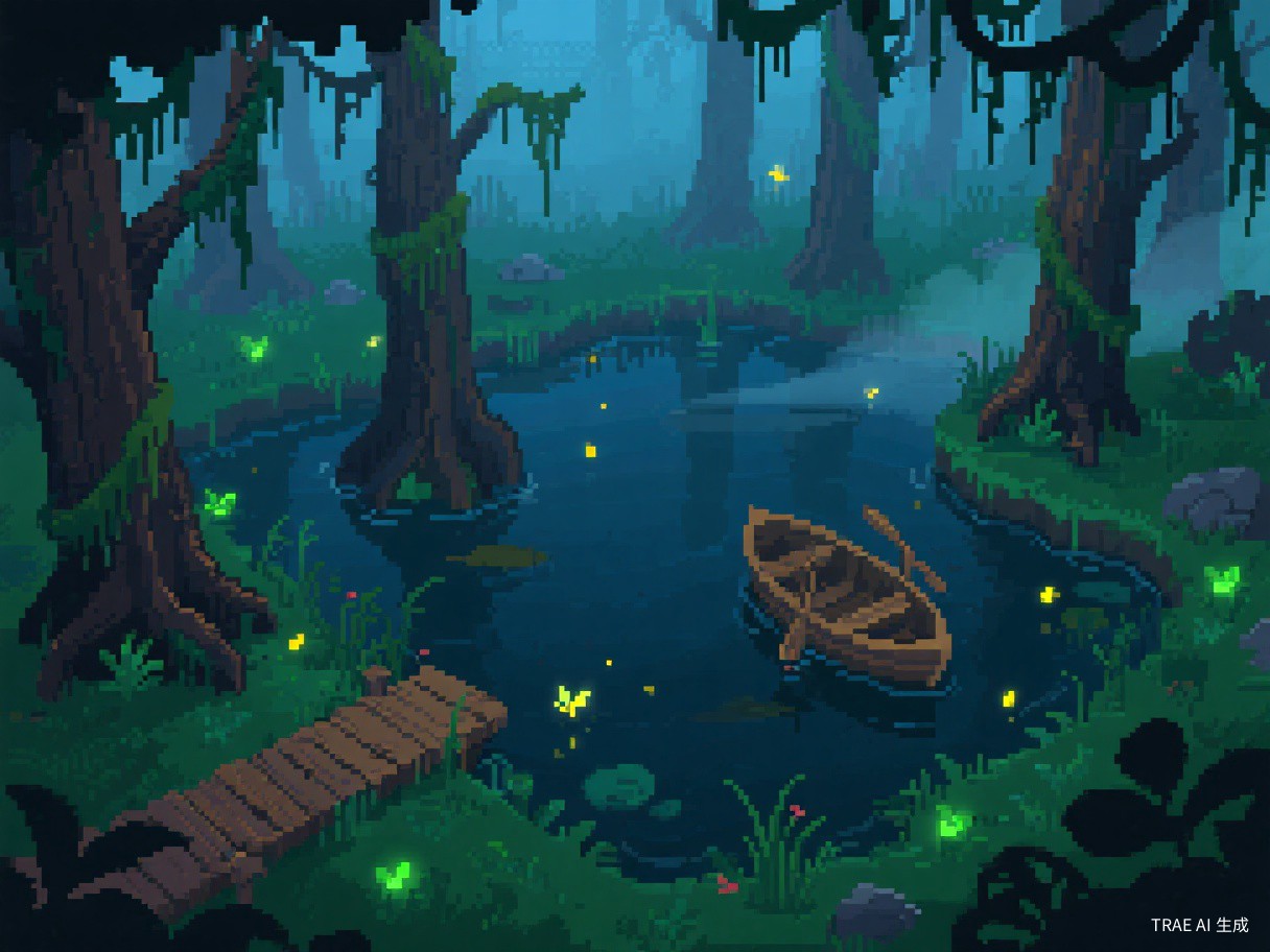 Nox's Bayou - Dark swamp with cypress trees, murky water, wooden boats, and glowing fireflies