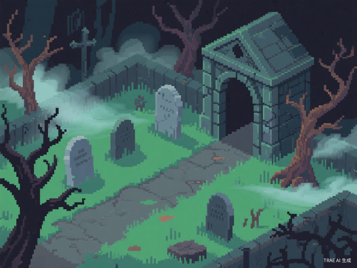 Queensbury Crypt - Creepy graveyard with tombstones, twisted trees, and an ominous mausoleum